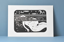 Load image into Gallery viewer, Black and white illustration of a pregnant woman embracing the moon on a white background, against a blue wall.