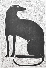 Load image into Gallery viewer, black and white linocut print of a greyhound