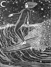 Load image into Gallery viewer, A linocut print of a woman surfing a longboard under a starry night sky, with a moon and stars in the background. traditional art