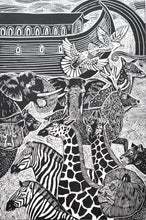 Load image into Gallery viewer, black and white linocut print art featuring the story of noah.s ark, a pair of elephants, giraffes, lions, deer and birds feature