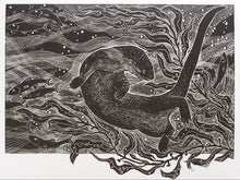 Load image into Gallery viewer, A linocut print featuring an otter in dark brown ink, surrounded by seaweed and fish in a dynamic, swirling water background.