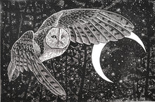 Load image into Gallery viewer, A black and white linocut print of a barn owl in flight against a starry night sky with a crescent moon.