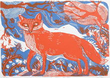 Load image into Gallery viewer, Red fox linocut print illustration on a blue background with floral and tree branches.