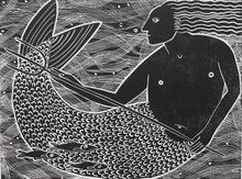 Load image into Gallery viewer, Black and white illustration of a mermaid with a fish tail on a wavy background