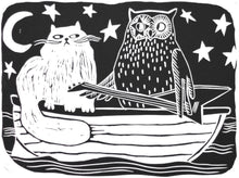 Load image into Gallery viewer, printmaking Illustration art of a cat and an owl on a boat with stars in the background