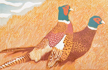 Load image into Gallery viewer, linocut Illustration of two pheasants on a textured orange background