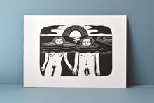 Load image into Gallery viewer, Black and white illustration of two figures in water with a sun above, on a white background.