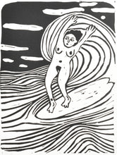 Load image into Gallery viewer, Black and white linocut illustration art of a nude woman surfing on a wave. phillippa walter