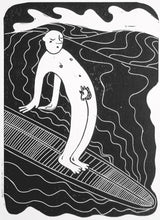 Load image into Gallery viewer, wang ten is a playful linocut print art on the surfing trick hang ten in longboarding