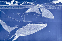 Load image into Gallery viewer, linocut Illustration of two whales in the ocean