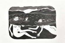 Load image into Gallery viewer, Black and white linocut print illustration of two women cold water swimming with water flowing by phillippa walter art