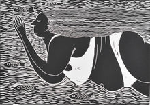 Load image into Gallery viewer, black and white linocut illustration art of cold water wild swimmer