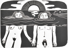 Load image into Gallery viewer, Black and white illustration linocut print of two people emerging from water with a sunset in the background.