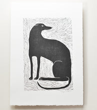 Load image into Gallery viewer, black and white linocut print of a greyhound
