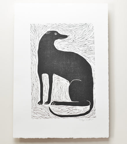 black and white linocut print of a greyhound