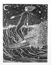 Load image into Gallery viewer, A linocut print of a woman surfing a longboard under a starry night sky, with a moon and stars in the background. traditional art
