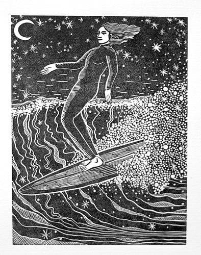 A linocut print of a woman surfing a longboard under a starry night sky, with a moon and stars in the background. traditional art