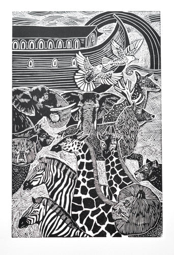 black and white linocut print art featuring the story of noah.s ark, a pair of elephants, giraffes, lions, deer and birds feature