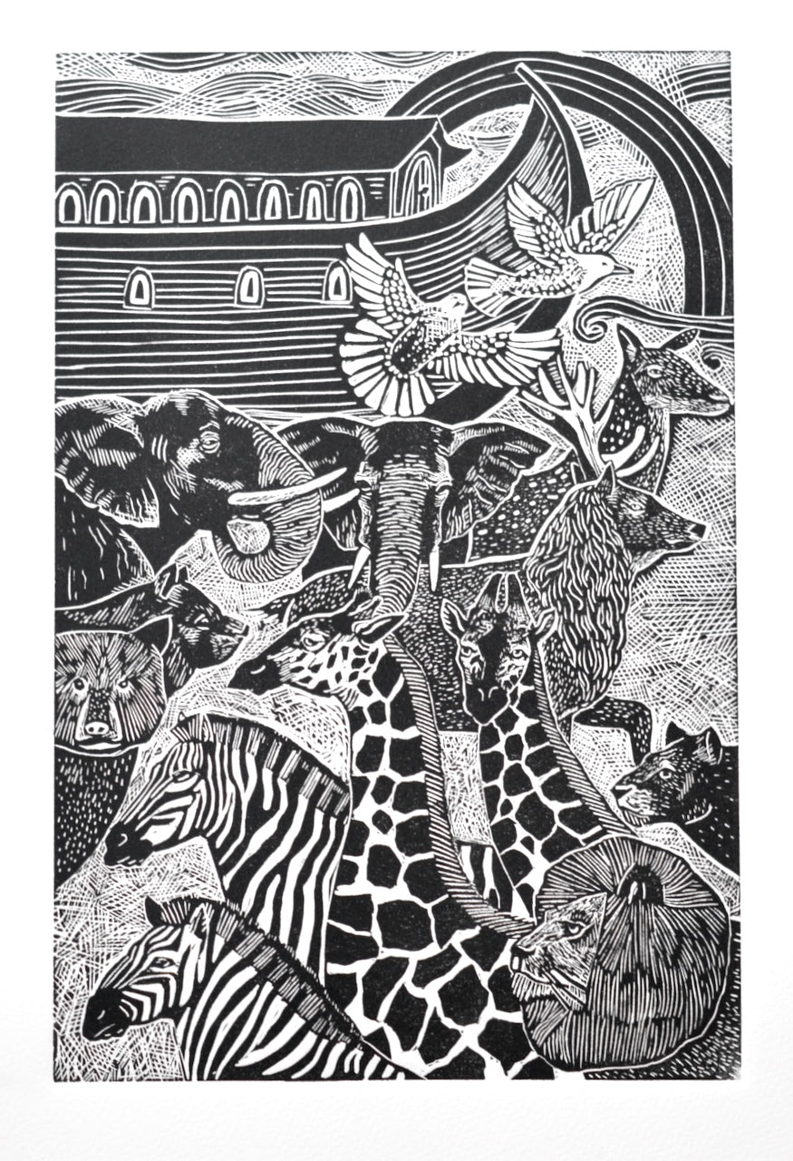 black and white linocut print art featuring the story of noah.s ark, a pair of elephants, giraffes, lions, deer and birds feature