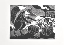 Load image into Gallery viewer, fox illustration linocut print in a pumpkin patch
