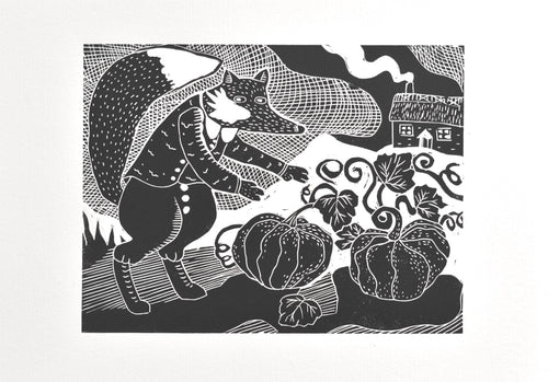 fox illustration linocut print in a pumpkin patch