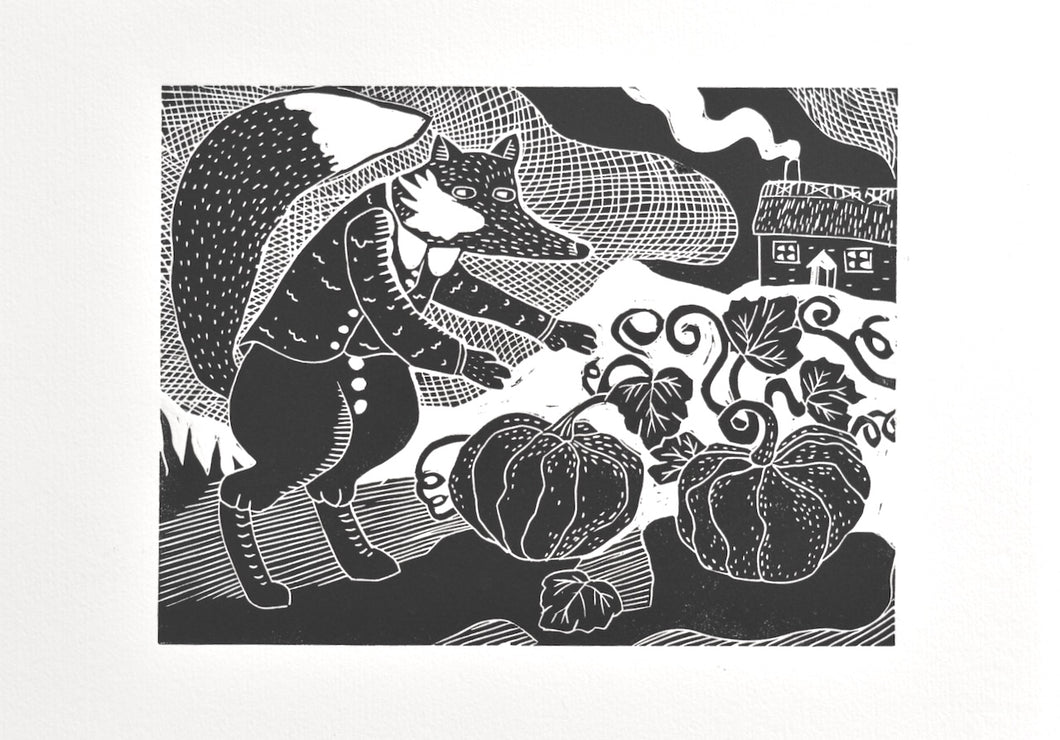 fox illustration linocut print in a pumpkin patch