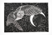 Load image into Gallery viewer, A black and white linocut print of a barn owl in flight against a starry night sky with a crescent moon.
