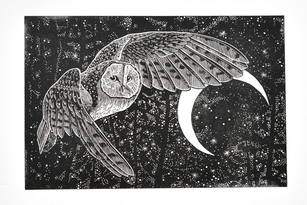 A black and white linocut print of a barn owl in flight against a starry night sky with a crescent moon.
