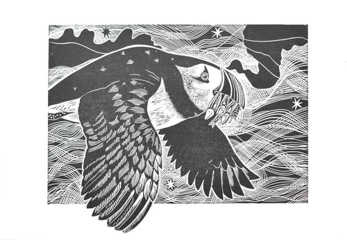 Black and white hand carved linoprint illustration of a puffin bird flying with a starry background 