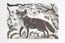 Load image into Gallery viewer, Woodcut-style linocut illustration art of a fox in a natural setting with trees and foliage. by printmaker phillippa walter

