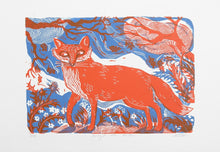 Load image into Gallery viewer, Red fox linocut print illustration on a blue background with floral and tree branches.
