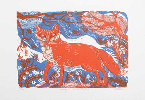 Red fox linocut print illustration on a blue background with floral and tree branches.
