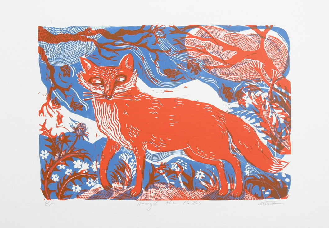 Red fox linocut print illustration on a blue background with floral and tree branches.
