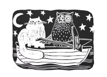 Load image into Gallery viewer, printmaking Illustration art of a cat and an owl on a boat with stars in the background
