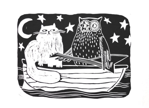 printmaking Illustration art of a cat and an owl on a boat with stars in the background
