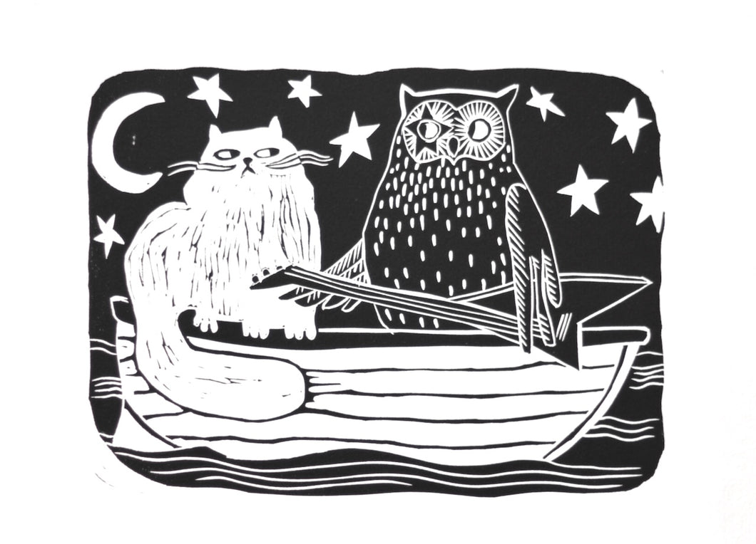 printmaking Illustration art of a cat and an owl on a boat with stars in the background