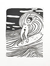 Load image into Gallery viewer, Black and white linocut  illustration art of a nude woman  surfing on a wave. phillippa walter
