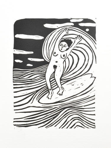 Black and white linocut  illustration art of a nude woman  surfing on a wave. phillippa walter