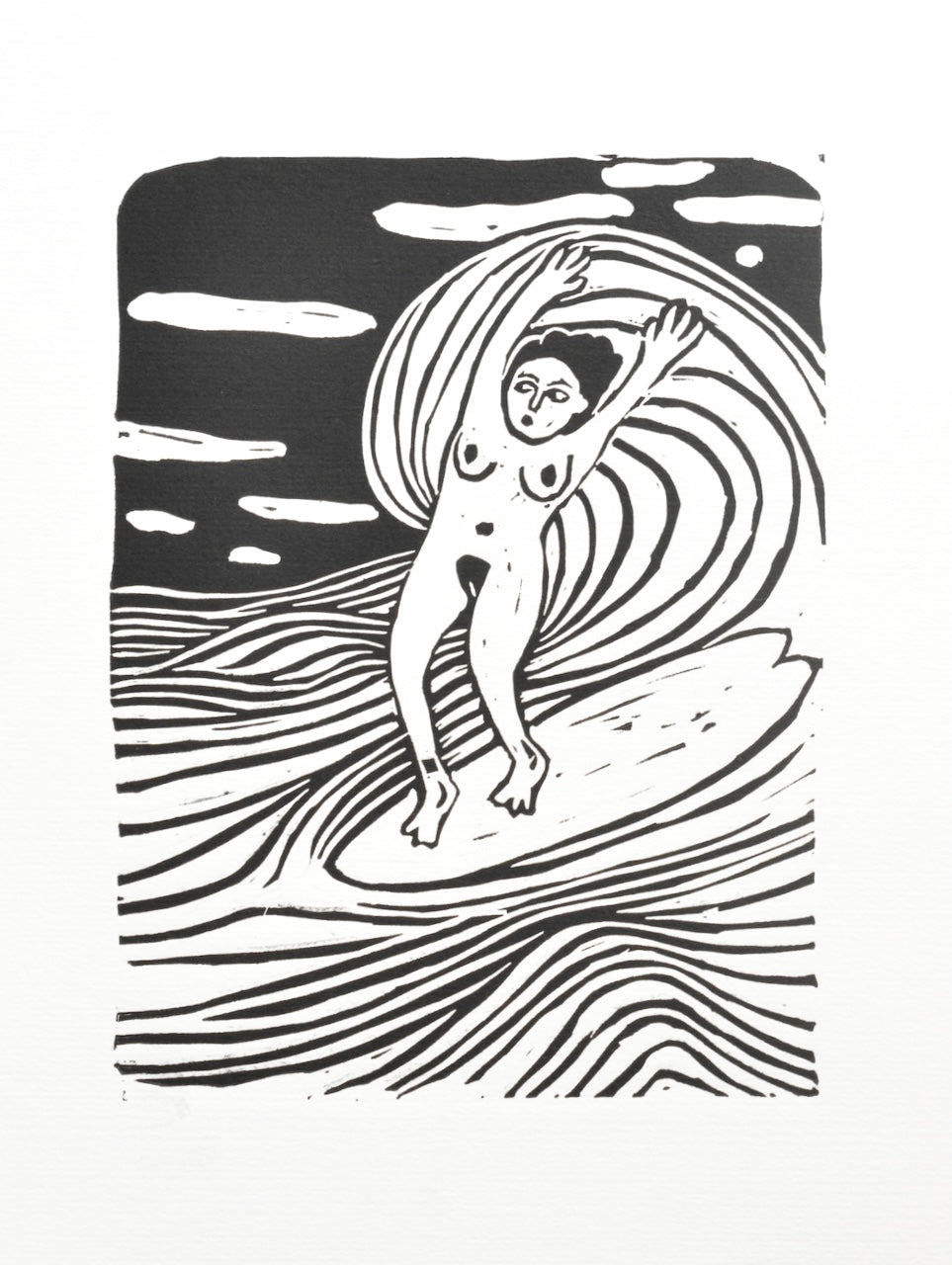 Black and white linocut  illustration art of a nude woman  surfing on a wave. phillippa walter