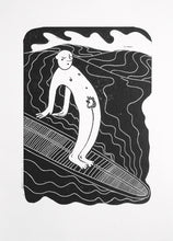 Load image into Gallery viewer, wang ten is a playful linocut print art on the surfing trick hang ten in longboarding 

