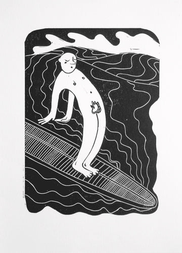 wang ten is a playful linocut print art on the surfing trick hang ten in longboarding 