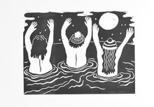 Load image into Gallery viewer, tits to the wind wild swimmer nude linocut print

