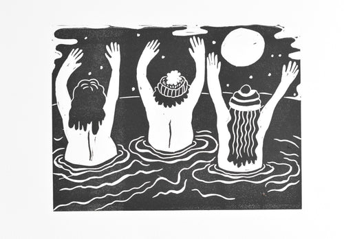 tits to the wind wild swimmer nude linocut print