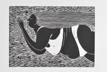 Load image into Gallery viewer, black and white linocut illustration art of cold water wild swimmer 
