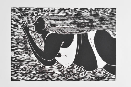 black and white linocut illustration art of cold water wild swimmer 