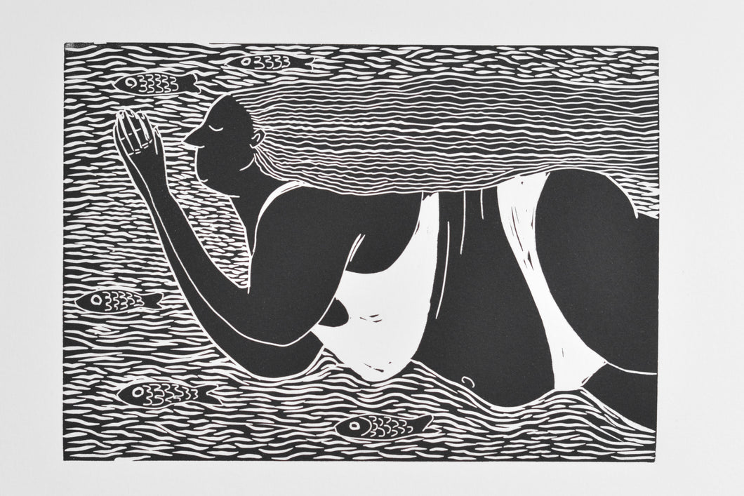black and white linocut illustration art of cold water wild swimmer 