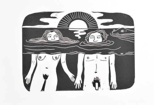 Black and white illustration linocut print of two people emerging from water with a sunset in the background.