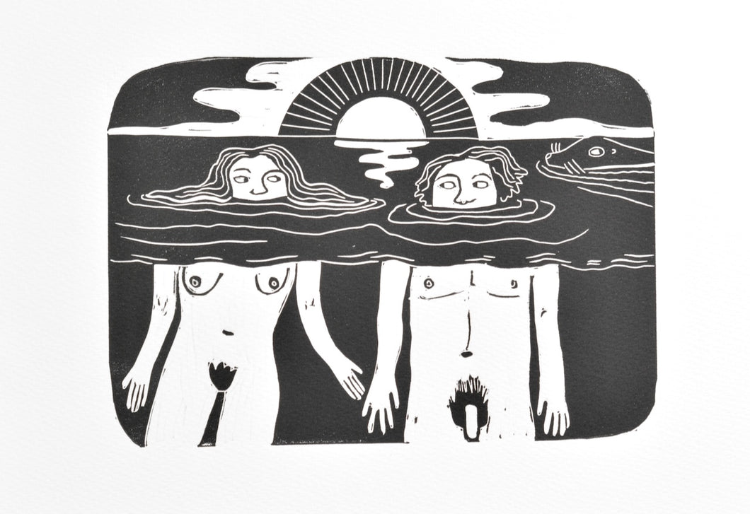 Black and white illustration linocut print of two people emerging from water with a sunset in the background.